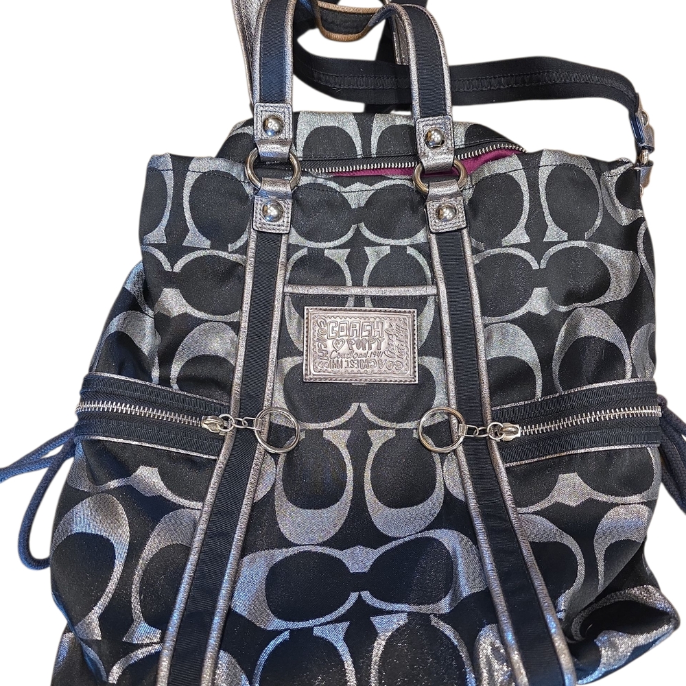 Coach Poppy Black and Silver Signature Lurex Satchel